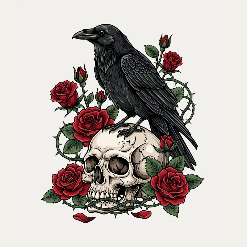 Mitternachtskrähe auf Totenkopfrosen