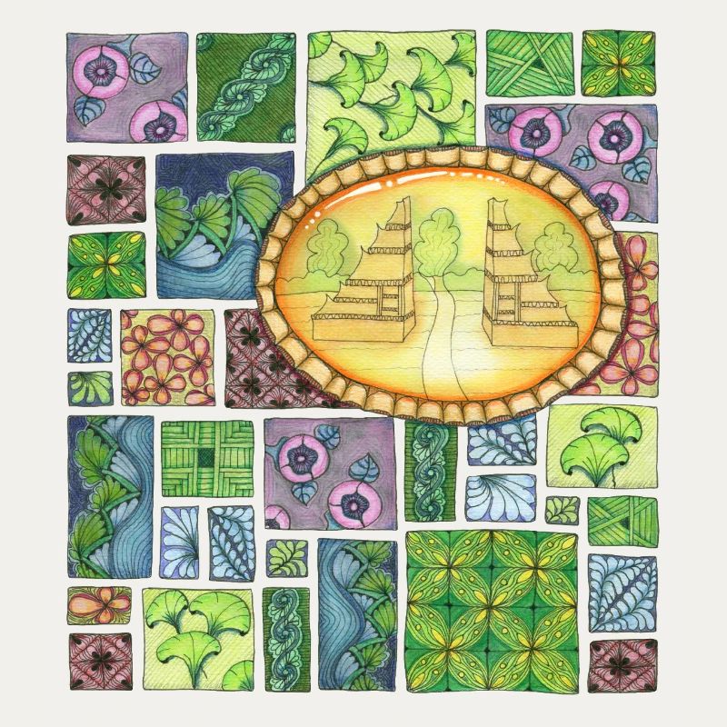 Temple de Bali sur patchwork de motifs