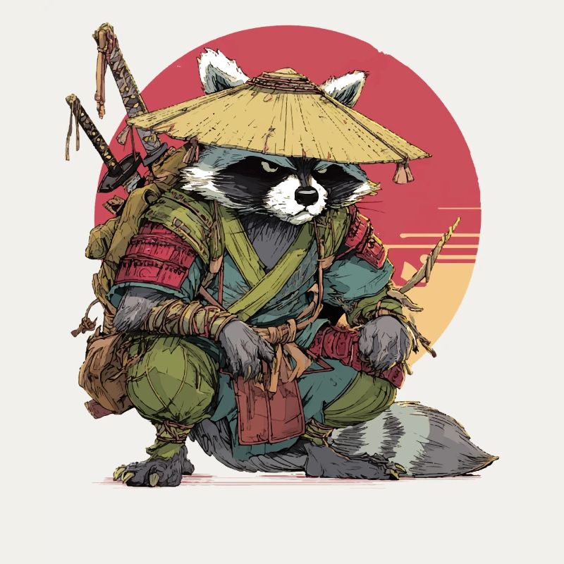 Waschbär-Samurai mit Strohhut