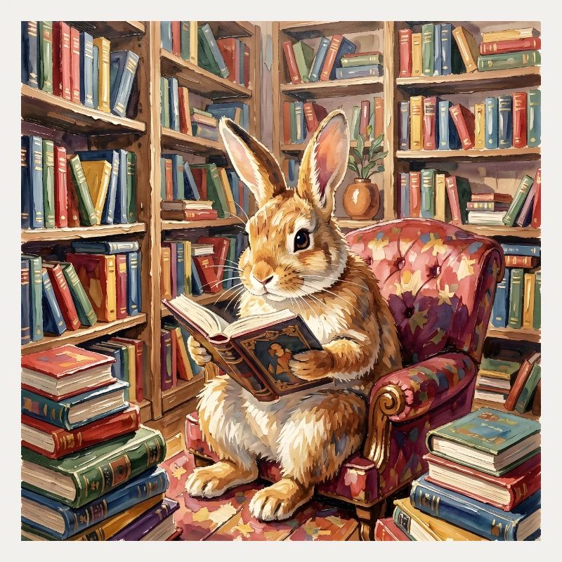 Library Rabbit Reading Portrait