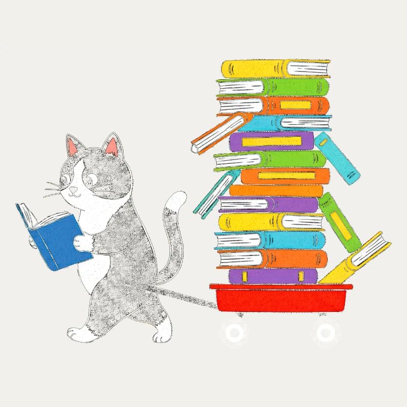 Reading kitten pulls book trolley