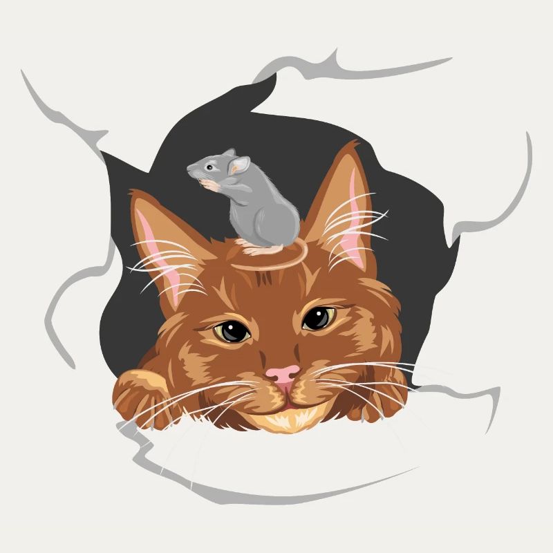Cat and grey mouse peeks through a broken wall