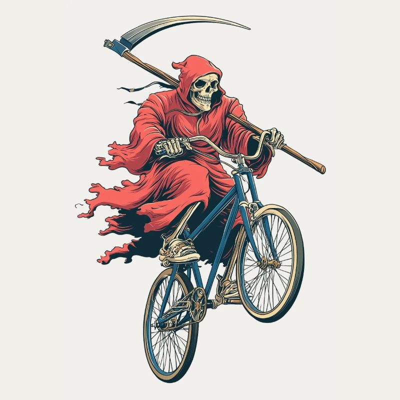Skeleton in red cape on bicycle