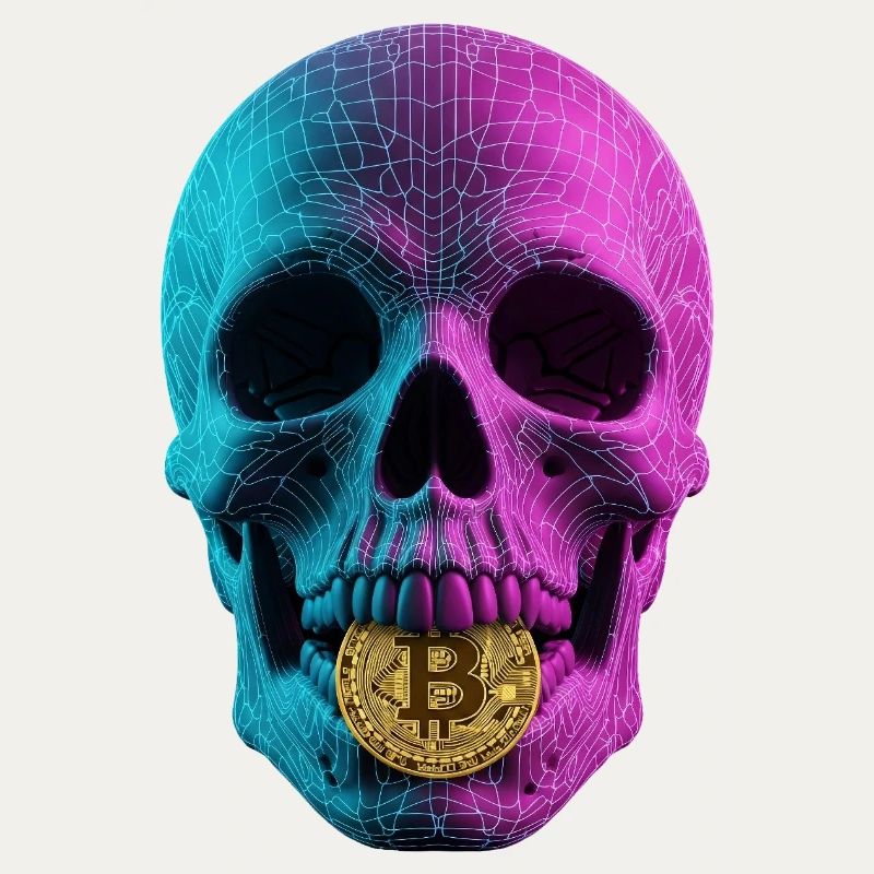 Bitcoin Skull Wireframe Design Cyan Magenta
