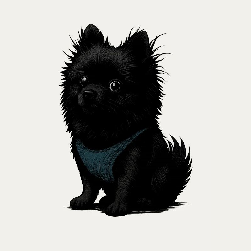 Schwarzer Spitz Hund mit blauer Weste