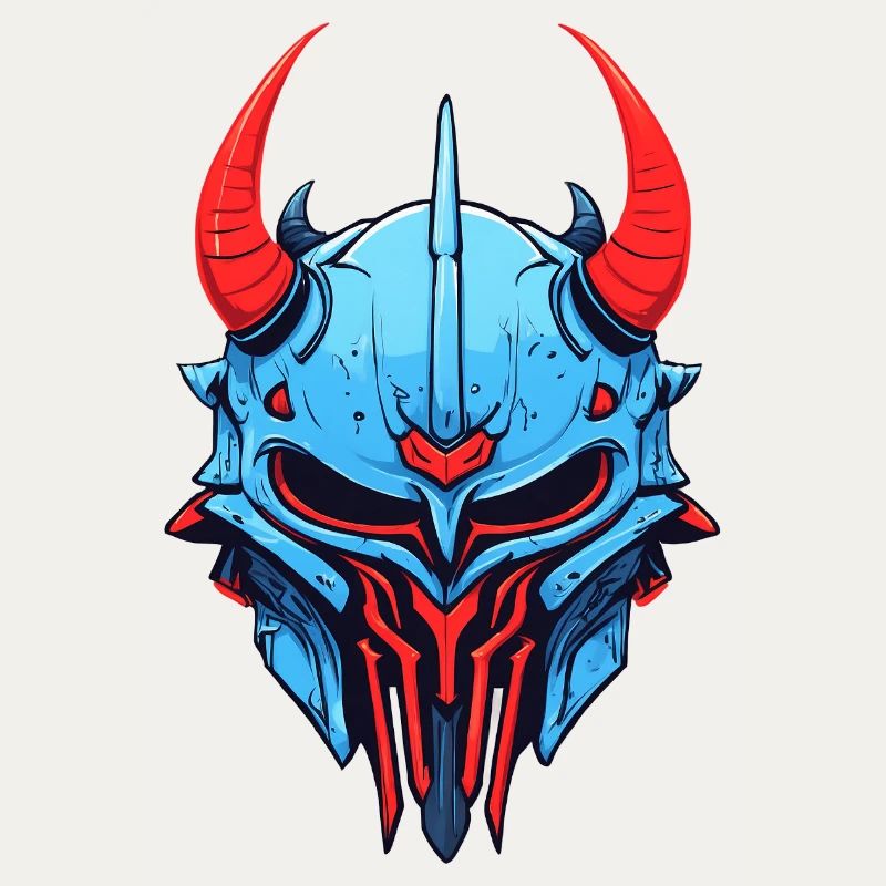 Blauer Dämonenhelm mit roten Hörnern