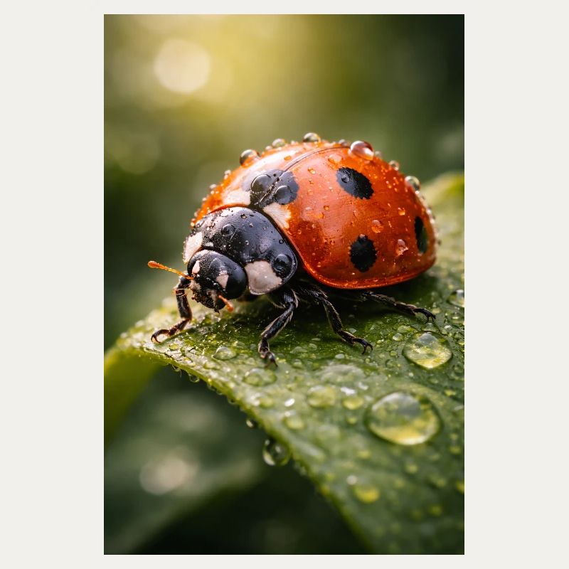 Red ladybug on dewdrops