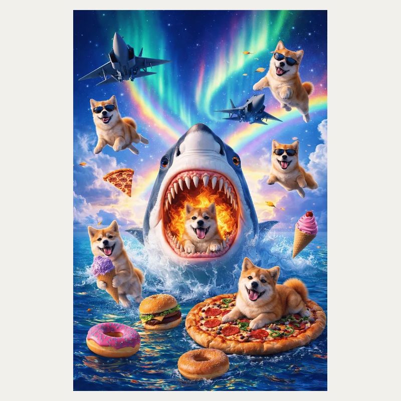 Requin avec pizza et chiens de l’espace