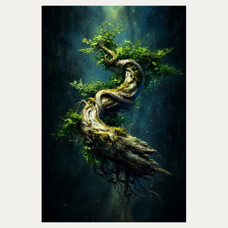 Spiralgrüner grüner Baum im dunklen Abgrund