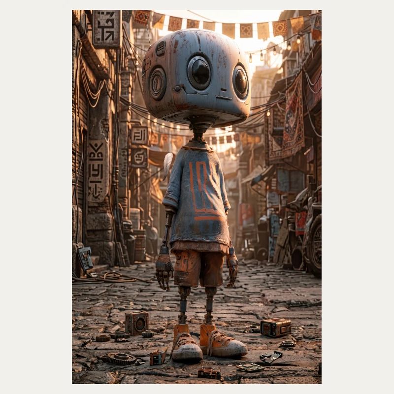 Rusty Robot in Neon Bazaar