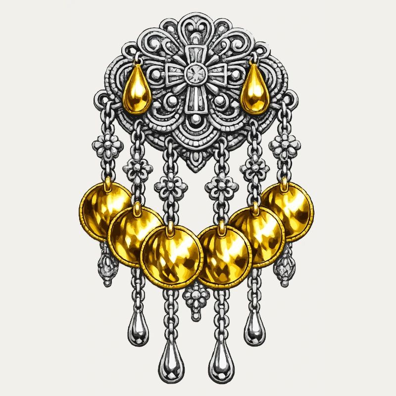 Goldene Sølje-Brosche mit Silberschmuck