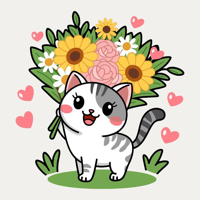 Chaton mignon avec bouquet de fleurs