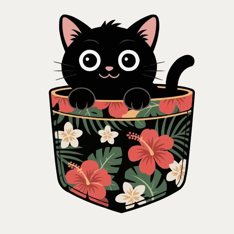 Chat noir mignon dans un design de poche tropicale