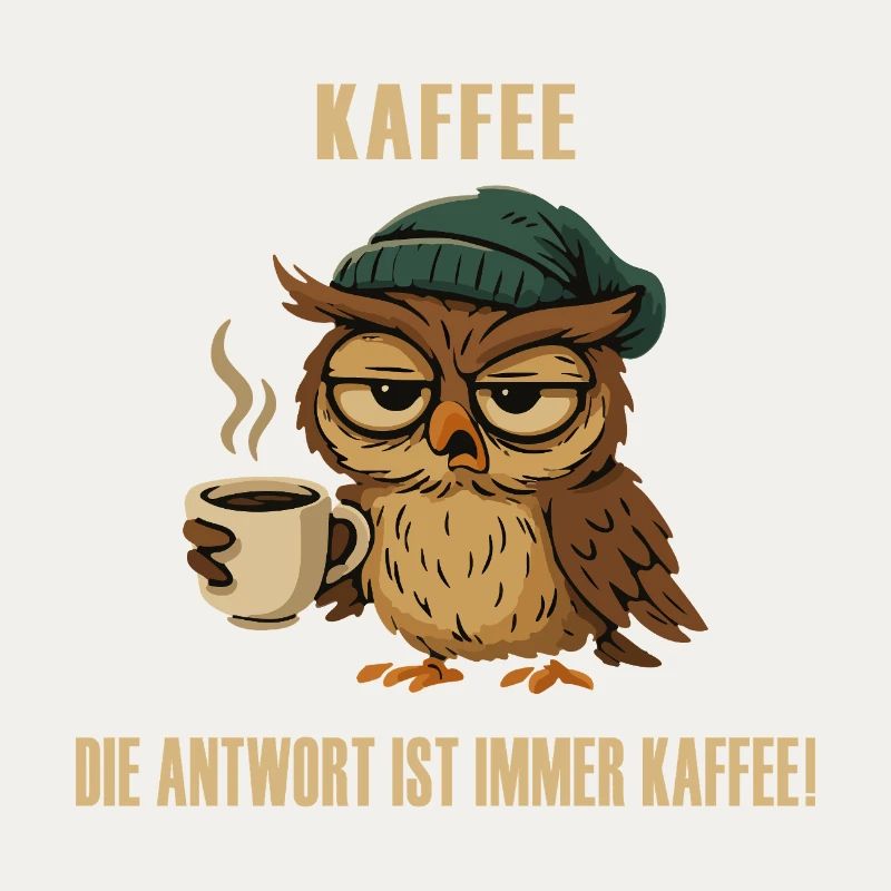 Müde Eule mit Kaffee – lustiger Spruch.