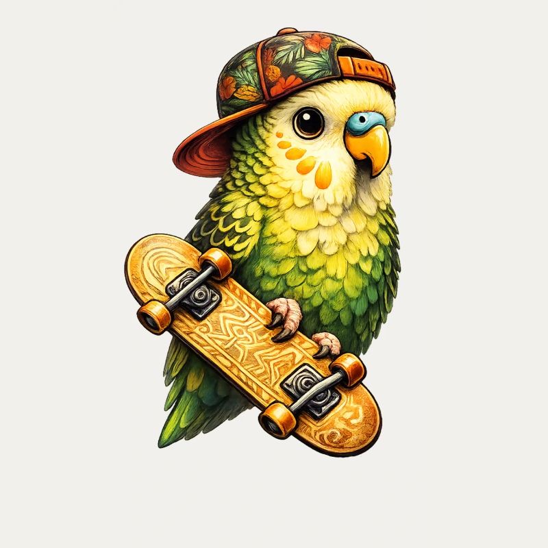 Cooler Skatebird – Papagei mit Cap & Skateboard