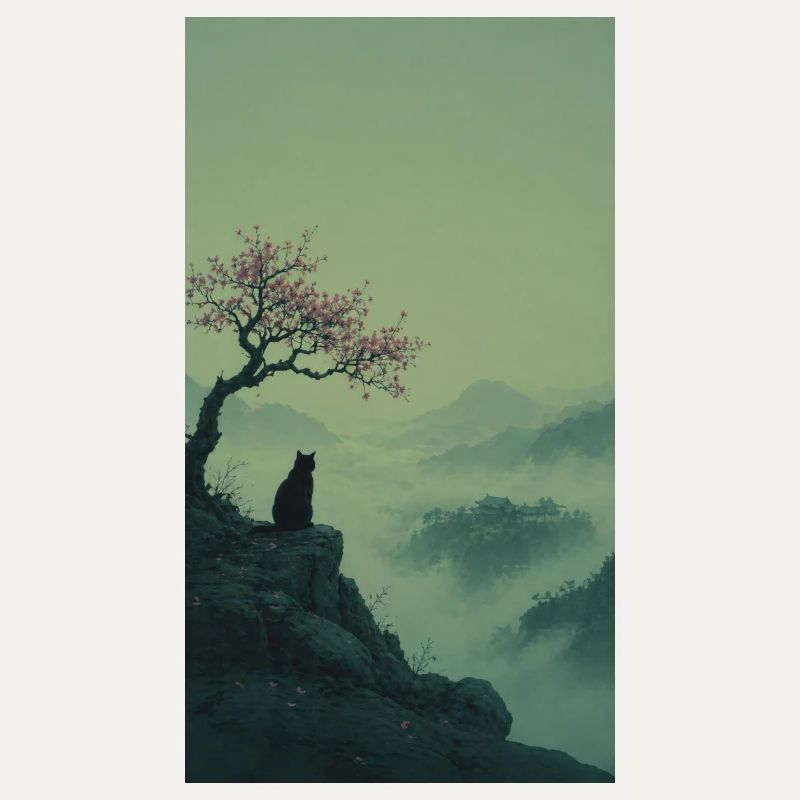 Black Cat at Sakura Tree – Asian Zen Design