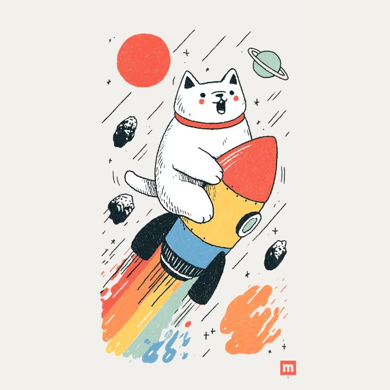 Chat sur fusée dans l’espace coloré