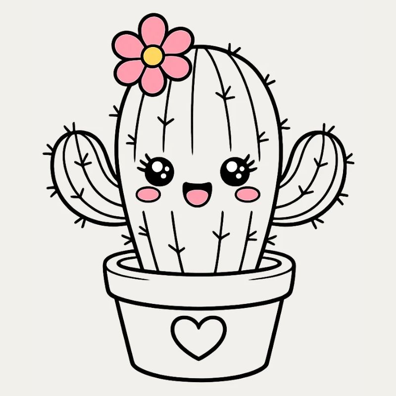 Cactus Kawaii avec fleur – Cactus de dessin animé mignon et mignon