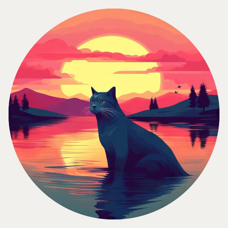 Coucher de soleil sur le chat dans l’eau
