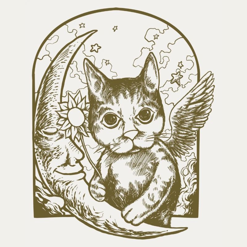 Chat céleste et lune ailée