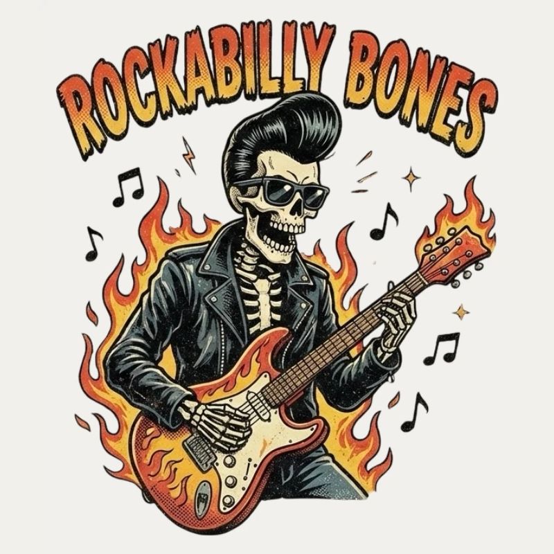 Rockabilly Bones – Squelette rétro de bande dessinée avec brûlure