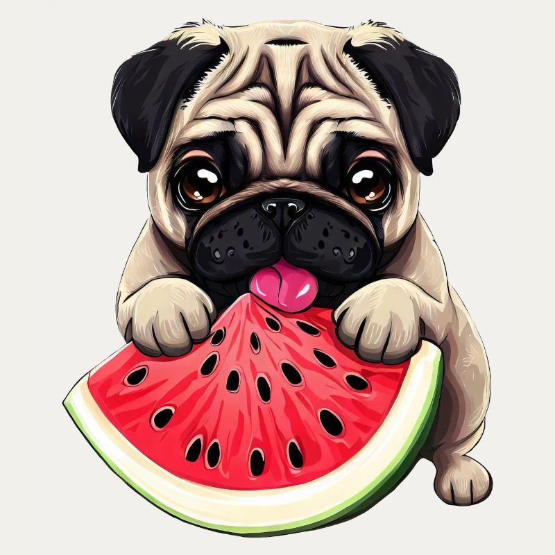 Hund Mops mit Wassermelone, Süßes Südfrucht Design