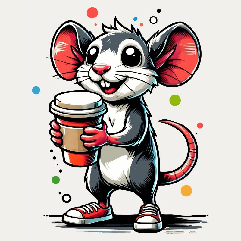 Dessin animé d’une souris joyeuse avec du café