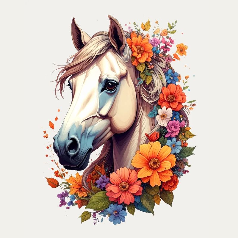 Cheval encadré de fleurs
