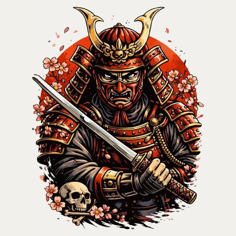 Samurai mit Kirschblüten und Schädel