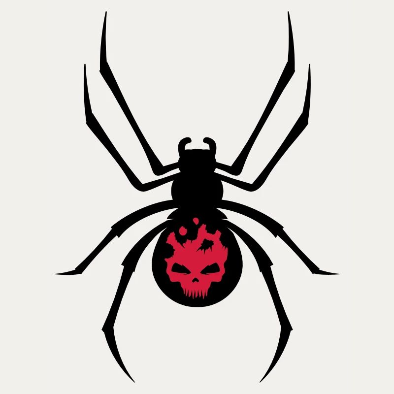 A black spider with red skull