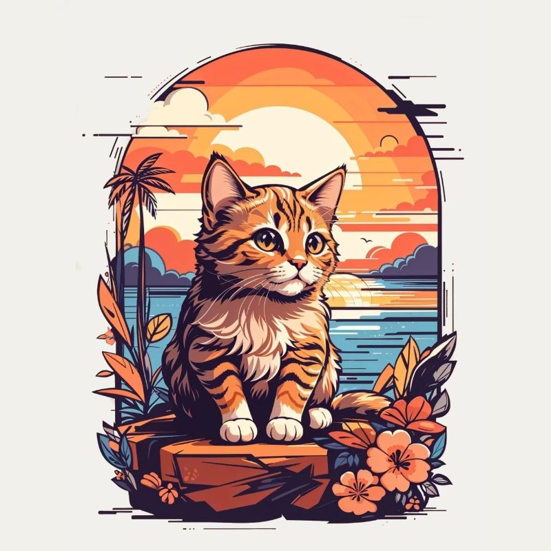 Coucher de soleil rétro plage, coucher de soleil chat au bord de la mer