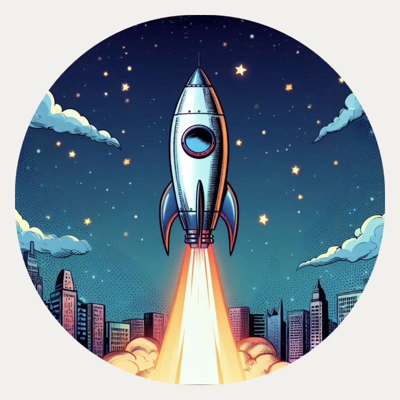 Rakete Start ins All vor Nachthimmel im Comic Stil