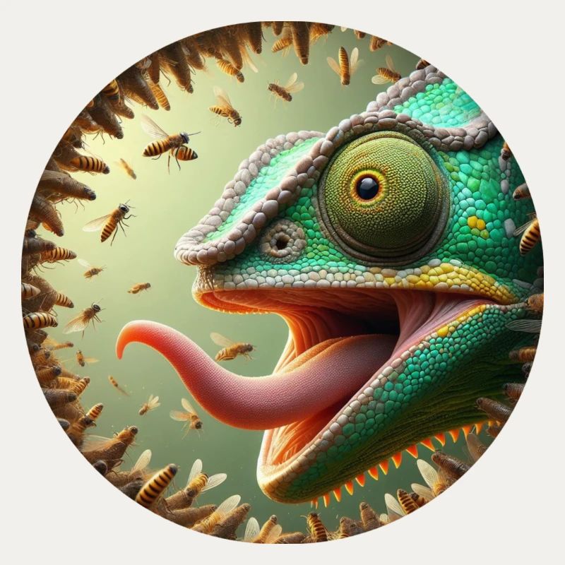 Chameleon with bees and long tongue