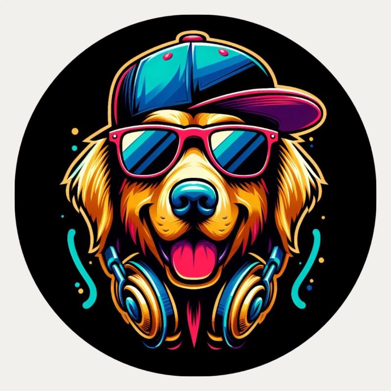 Golden Retriever Hund Rapper mit Cap und Kopfhörer