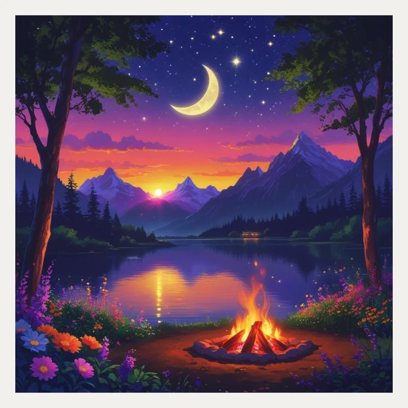 Nuit au clair de lune au feu de camp du lac Mountain