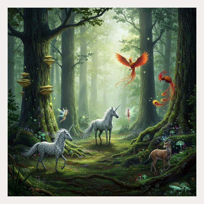 Conte de fées Forêt Licorne Scène de phénix