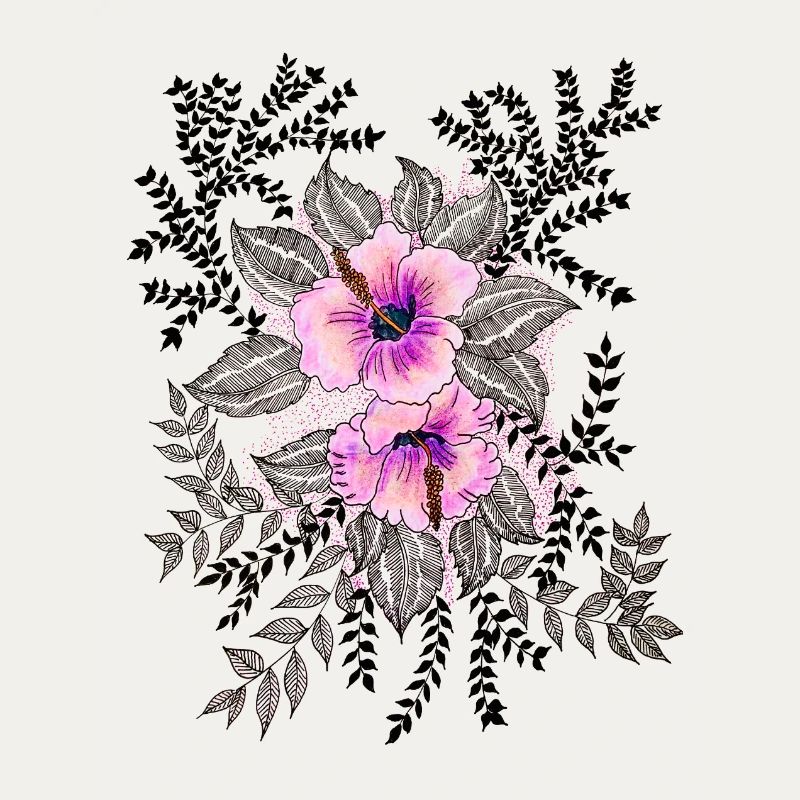 Pink Hibiskus Muster mit Schwarzweiß-Blättern