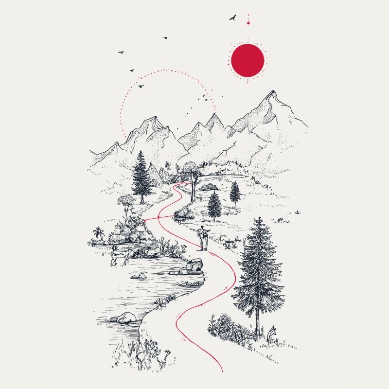 Red trail through mountain landscape