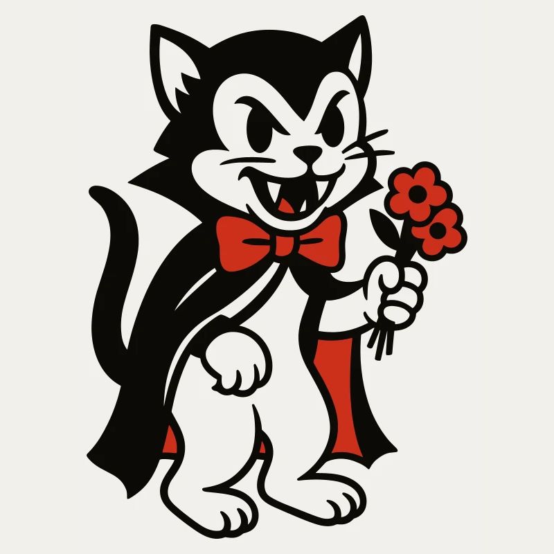 Chat Dracula avec bouquet de fleurs