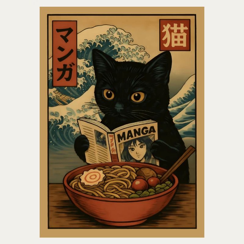 Cat lit des mangas mangeant Ramen Wave