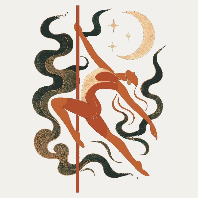 Abstract pole dancing woman in moonlight & starlight