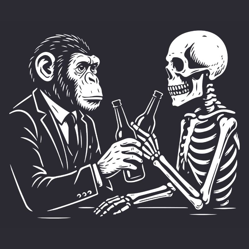 monkey and skeleton drinks beer in the pub.