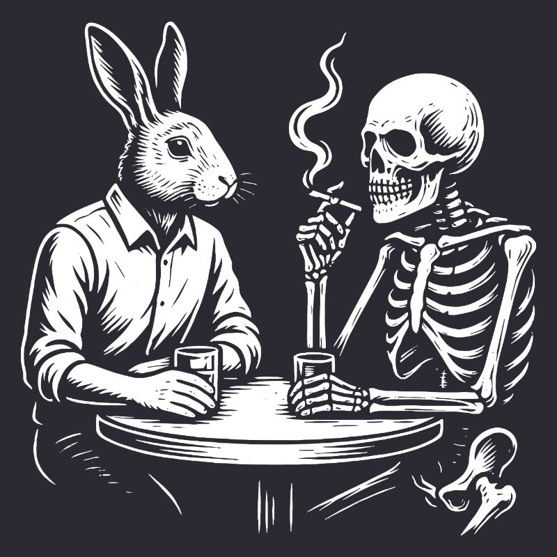 Rabbit and Skeleton drinking beer at the Table
