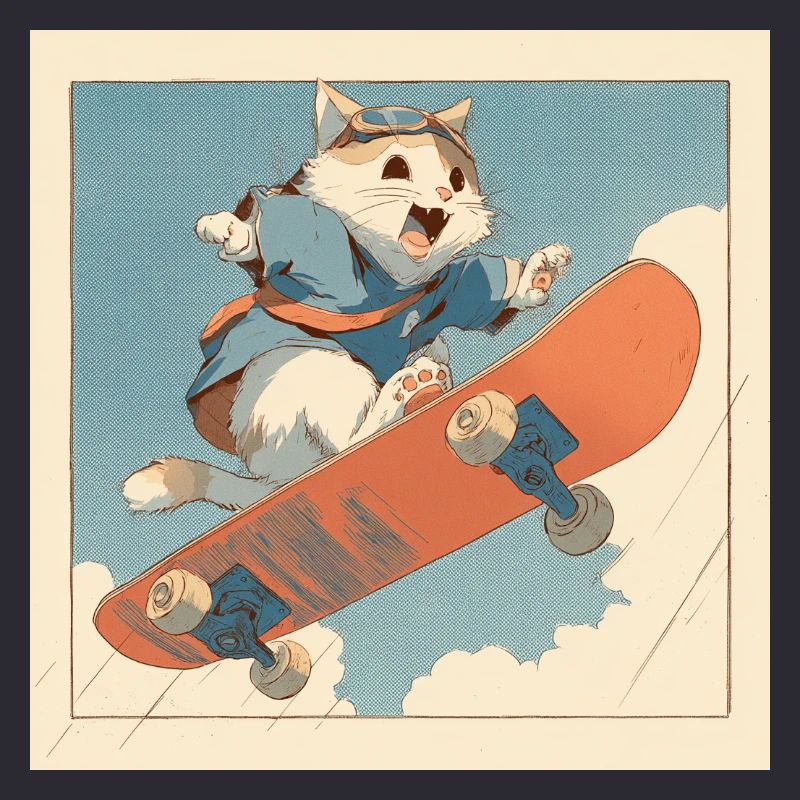 Retro Cat Skateboarder in Flight
