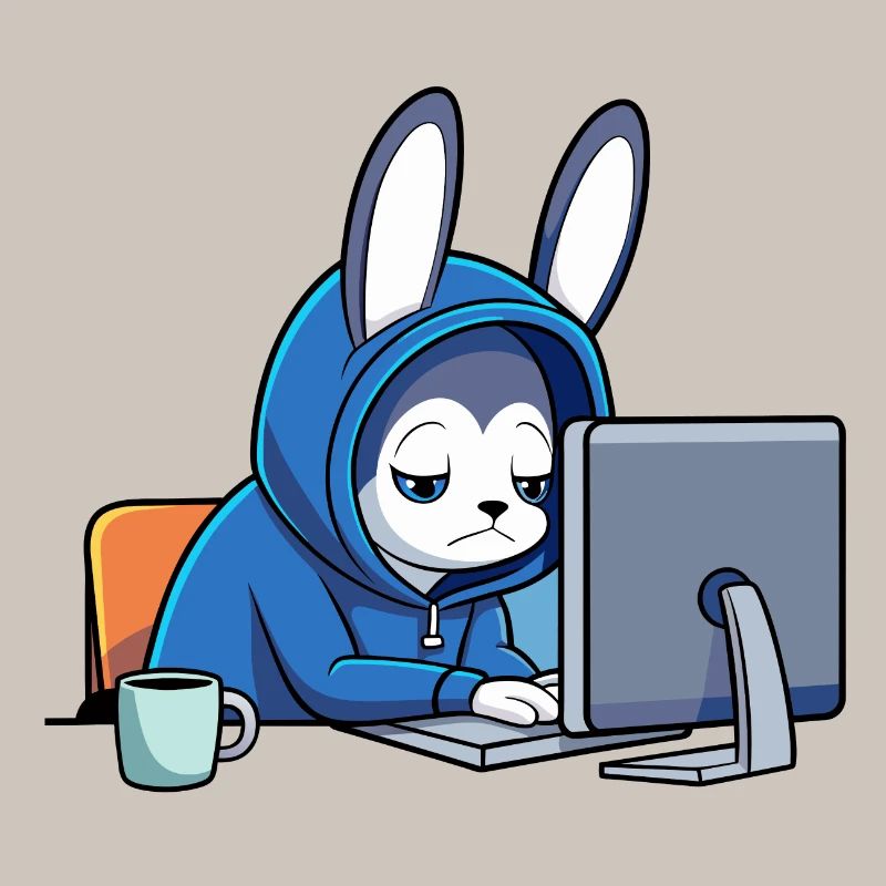 Un lapin hacker mignon dort dans un sweat à capuche devant le PC