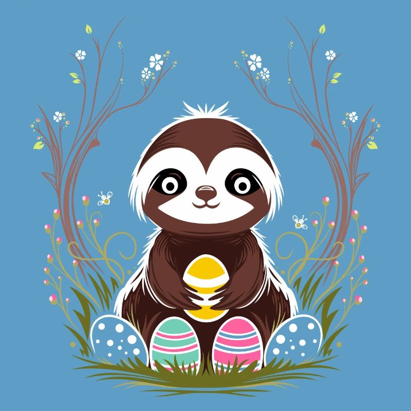 Easter Sloth with Easter Eggs in Spring