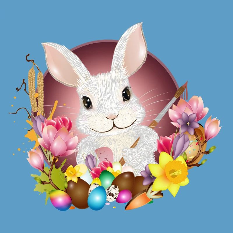white rabbit with easter eggs as easter bunny