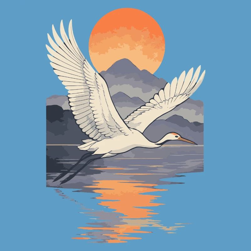 Crane Flying at Sunset Reflection