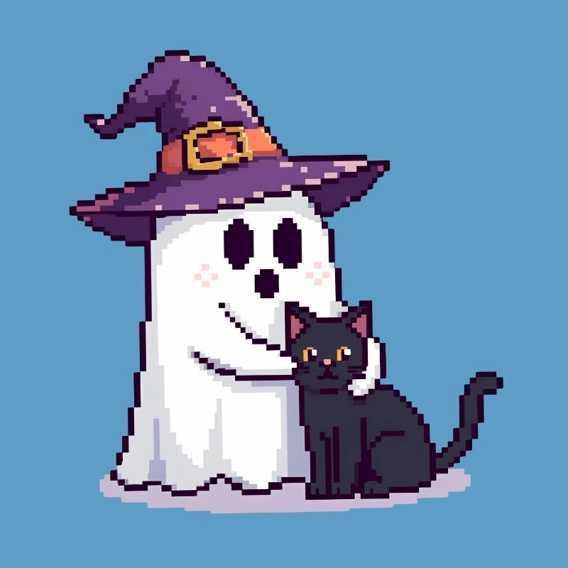 Pixel Ghost with Witch Hat & Cat – Halloween