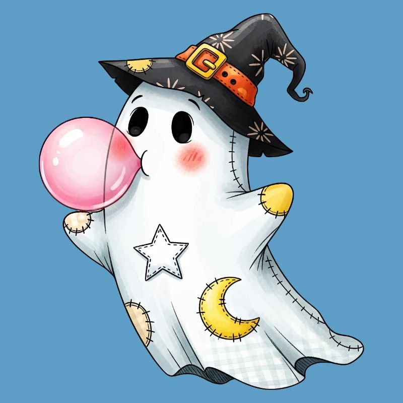 Patchwork cartoon ghost with bubble gum bubble